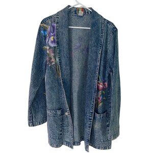 Vintage Womens Denim Blazer Size Medium Blue Cotton Floral Painted Acid Washed